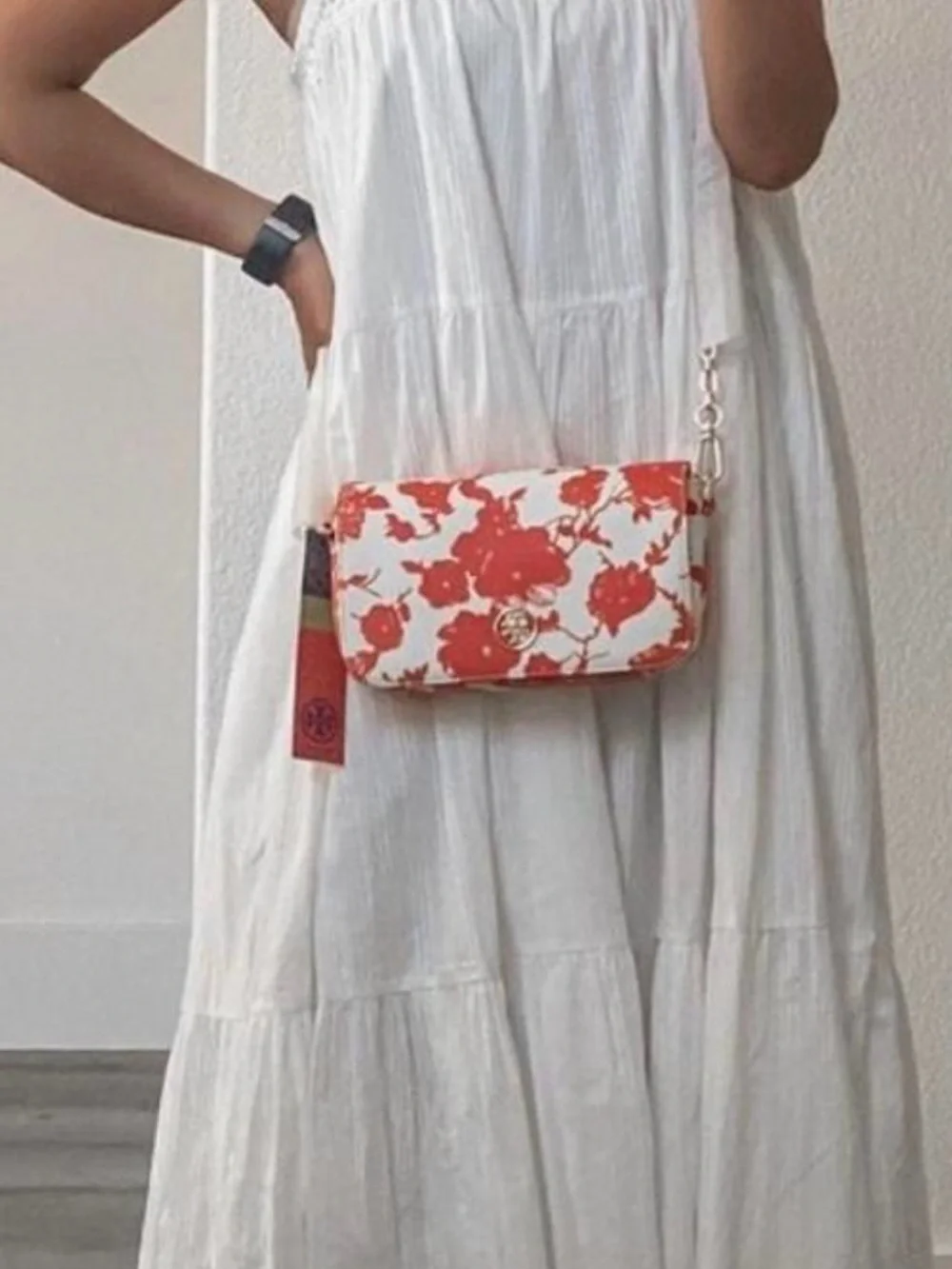 Tory Burch Cream and Orange Floral Chain Crossbody